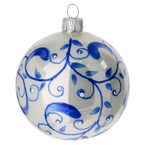 Christmas ball white blown glass blue leaves 80 mm 2