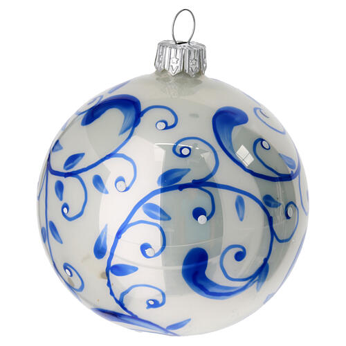 Christmas ball white blown glass blue leaves 80 mm 3