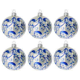 Bola Navidad vidrio soplado blanca hojas azules 80 mm 6 piezas