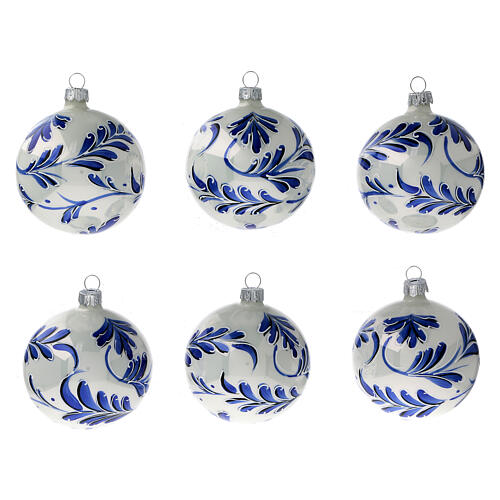 Boule Noël verre soufflé blanc feuilles bleues 80 mm 6 pcs 1