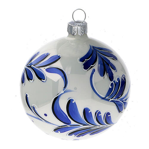 Boule Noël verre soufflé blanc feuilles bleues 80 mm 6 pcs 2