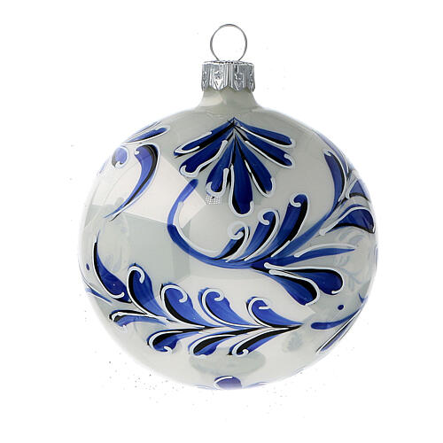 Boule Noël verre soufflé blanc feuilles bleues 80 mm 6 pcs 3