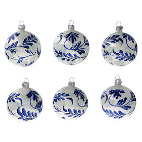Bolas árvore de Natal vidro soprado branco com folhas azuis 80 mm 6 unidades
