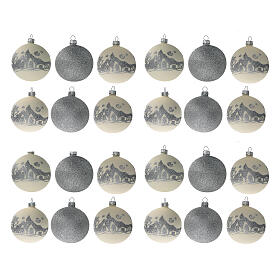 Christmas balls white silver glitter blown glass set 24 80 mm