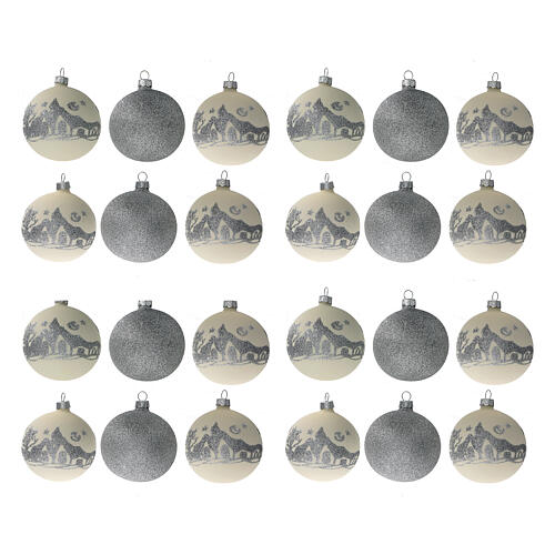 Christmas balls white silver glitter blown glass set 24 80 mm 1