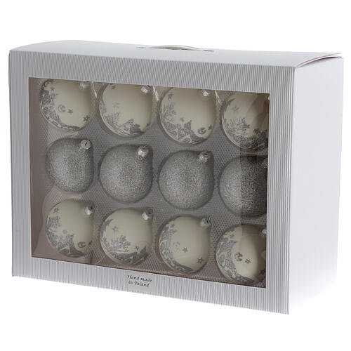 Christmas balls white silver glitter blown glass set 24 80 mm 5