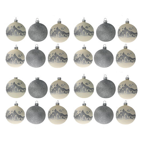 Bolas Navidad blanco plata purpurina vidrio soplado set de 24 80 mm 1
