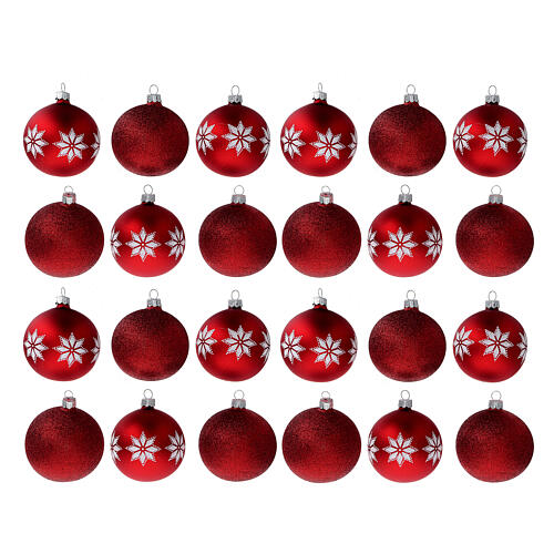 Set palline albero Natale rosse stelle alpine vetro soffiato 80 mm 24 pezzi 1