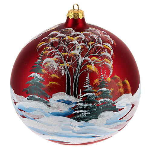 Boule Noël rouge maison arbres verre soufflé 200 mm 5