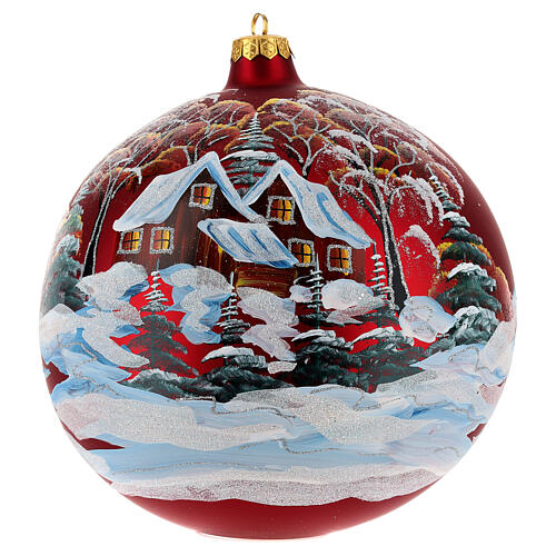 Bola árvore de Natal vidro soprado vermelho casa entre árvores 200 mm 1