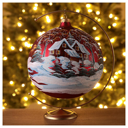 Red Christmas tree ornament winter cottage blown glass 200 mm 2