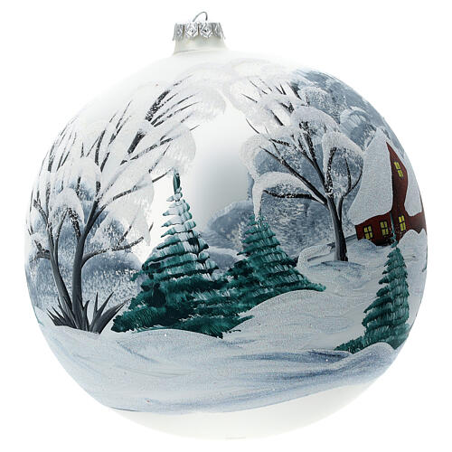 Bola árvore de Natal paisagem nevada casa com cerca vidro soprado branco 200 mm 3