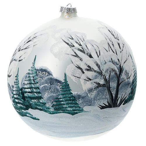 Bola árvore de Natal paisagem nevada casa com cerca vidro soprado branco 200 mm 4