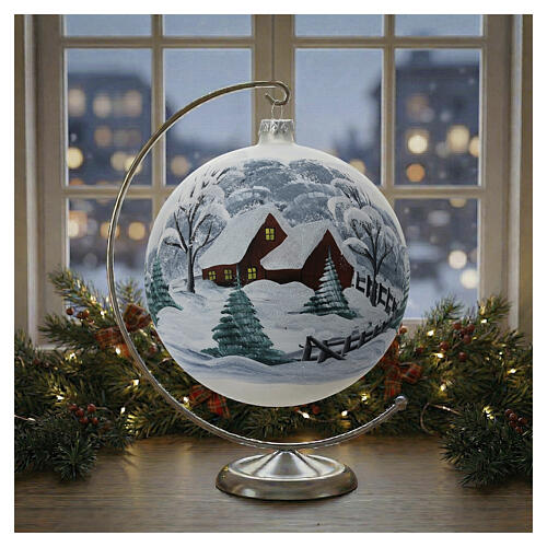 Bola árvore de Natal paisagem nevada casa com cerca vidro soprado branco 200 mm 2