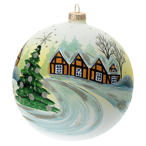 Boule sapin Noël 150 mm village enneigé ciel jaune verre soufflé 3