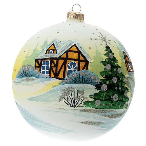 Boule sapin Noël 150 mm village enneigé ciel jaune verre soufflé 4