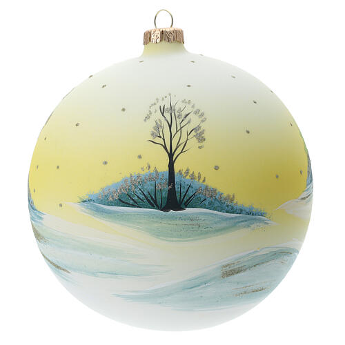 Boule sapin Noël 150 mm village enneigé ciel jaune verre soufflé 5