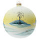 Boule sapin Noël 150 mm village enneigé ciel jaune verre soufflé s5