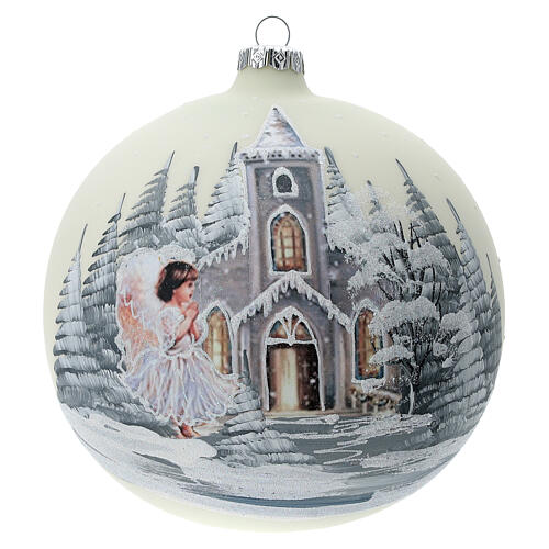 Pallina Natale bianca chiesa angelo vetro soffiato 150 mm 1