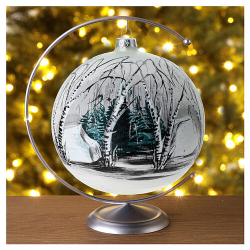 Pallina albero natale bosco bianco nero vetro soffiato 150 mm 2