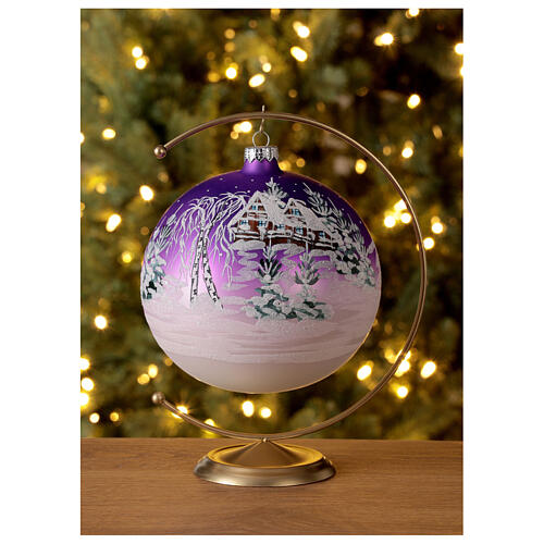 Boule Noël maison enneigée fond violet verre soufflé 150 mm 2