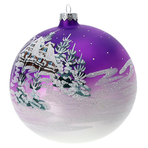 Boule Noël maison enneigée fond violet verre soufflé 150 mm 3