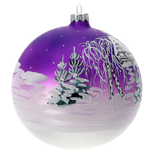 Boule Noël maison enneigée fond violet verre soufflé 150 mm 4
