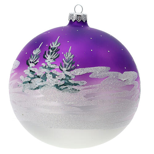 Boule Noël maison enneigée fond violet verre soufflé 150 mm 5
