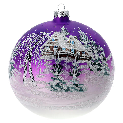 Bola árvore de Natal vidro soprado casa nevada fundo violeta 150 mm 1