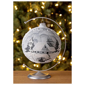 Boule Noël encadrement blanc village argent verre soufflé 150 mm