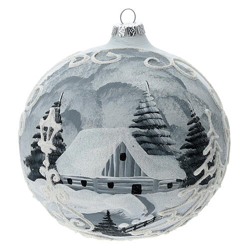Boule Noël encadrement blanc village argent verre soufflé 150 mm 1