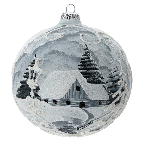 Boule Noël encadrement blanc village argent verre soufflé 150 mm 5
