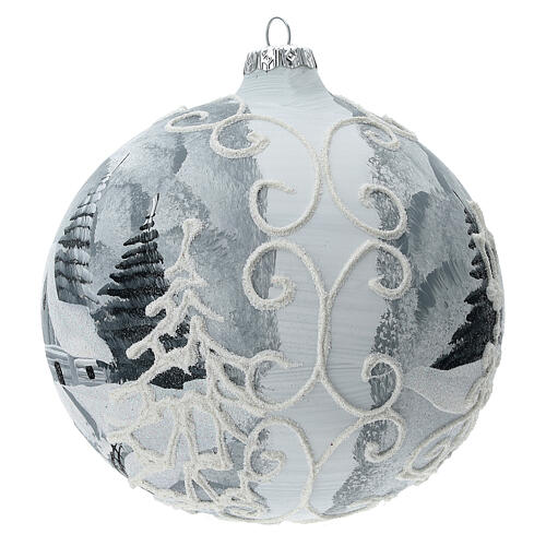 Pallina Natale cornice bianca villaggio argento vetro soffiato 150 mm 3
