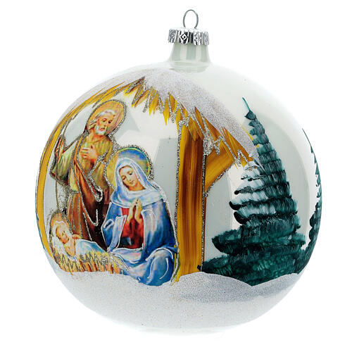 Pallina Natale Natività sfondo bianco vetro soffiato 150 mm 3