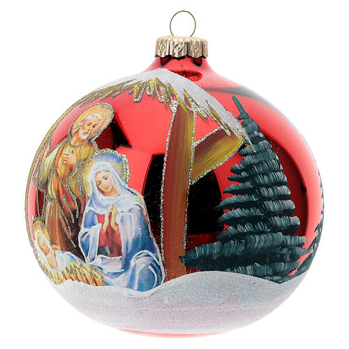 Boule sapin Noël Sainte Famille base rouge verre soufflé 120 mm 3