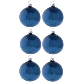 Shiny blue Christmas tree ornaments blown glass 80 mm 6 pcs