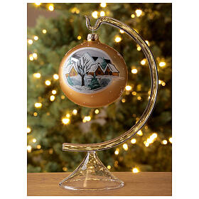 Pallina Natale oro villaggio montagne vetro soffiato 100 mm