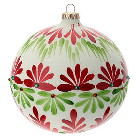 Boule Noël blanche fleurs stylisées vert rouge verre soufflé 150 mm