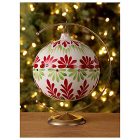 Boule Noël blanche fleurs stylisées vert rouge verre soufflé 150 mm