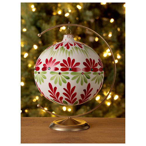 Boule Noël blanche fleurs stylisées vert rouge verre soufflé 150 mm 2