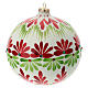 Boule Noël blanche fleurs stylisées vert rouge verre soufflé 150 mm s4