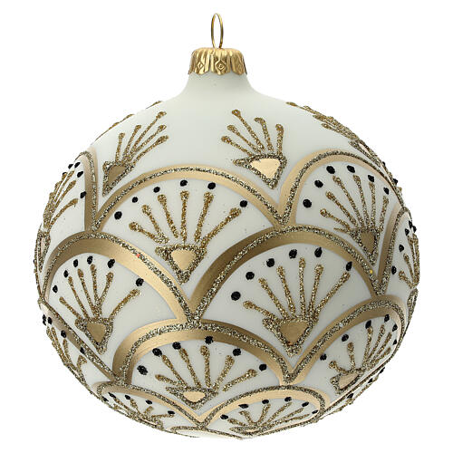 Bola árvore de Natal branco opaco com decoração dourada glitter vidro soprado 120 mm 1