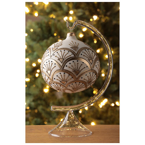 Bola árvore de Natal branco opaco com decoração dourada glitter vidro soprado 120 mm 2