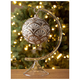 Boule Noël blanche éventails dorés verre soufflé 100 mm