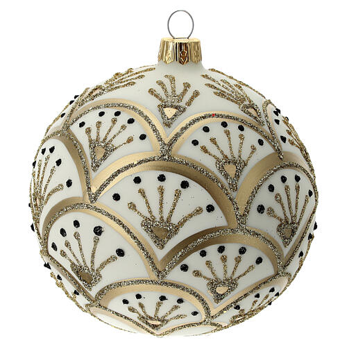 Bola árvore de Natal branco opaco com decoração leques dourados vidro soprado 100 mm 3
