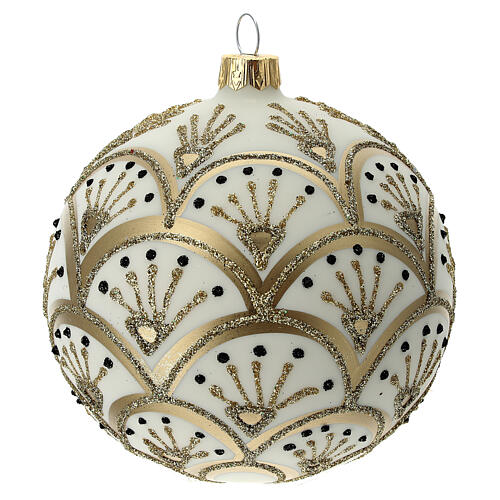 Bola árvore de Natal branco opaco com decoração leques dourados vidro soprado 100 mm 4