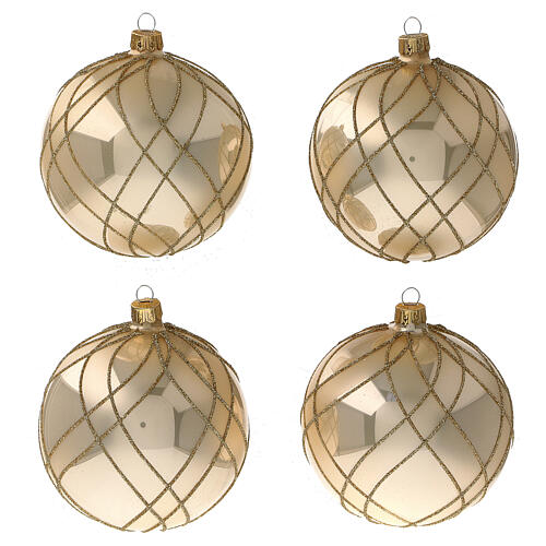 Boule Noël or brillant décoration lignes croisées verre soufflé 100 mm 1