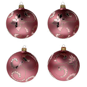 Christmas ball delicate red flowers blown glass 100 mm, 4 pcs