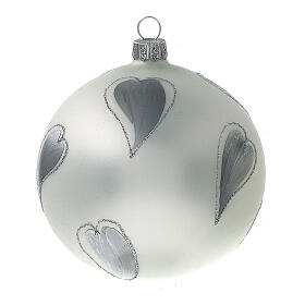 Bola árvore de Natal vidro soprado branco com corações prateados 100 mm