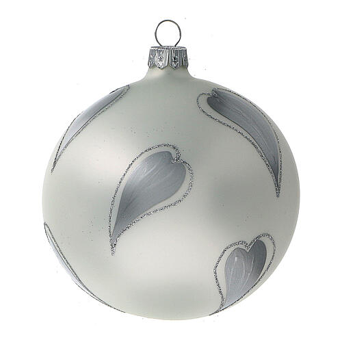 Bola árvore de Natal vidro soprado branco com corações prateados 100 mm 3